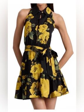 Alice + Olivia Black Halter Mini Dress with Yellow Rose Motif